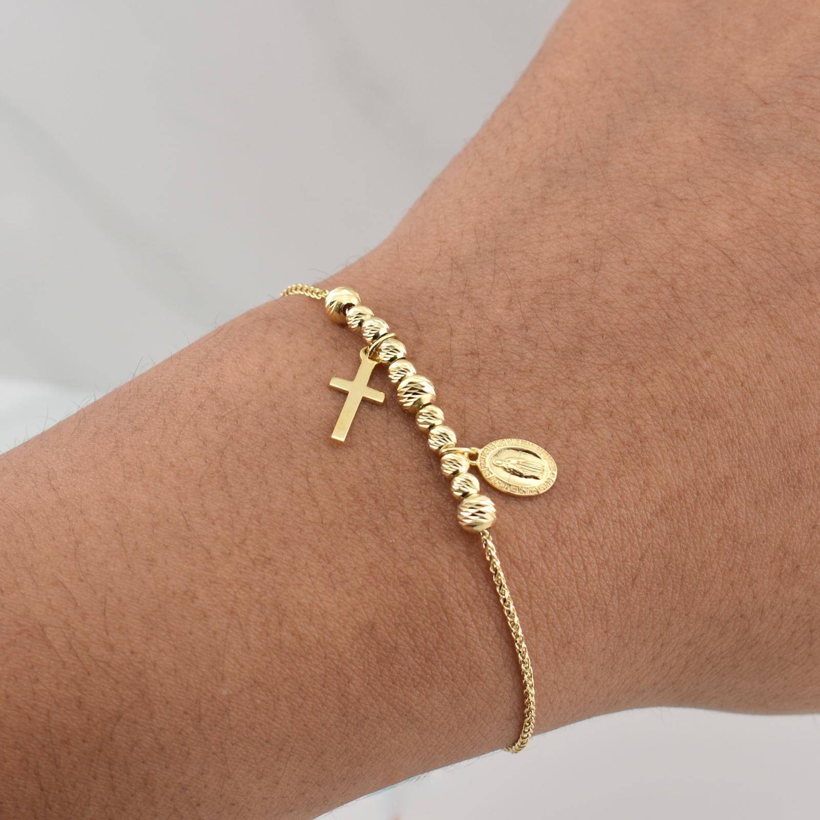 Pulso Franco Gradual Virgen Milagrosa Cruz 3.45gr / 9 3/4 in / 4mm Oro Amarillo +4 18K !