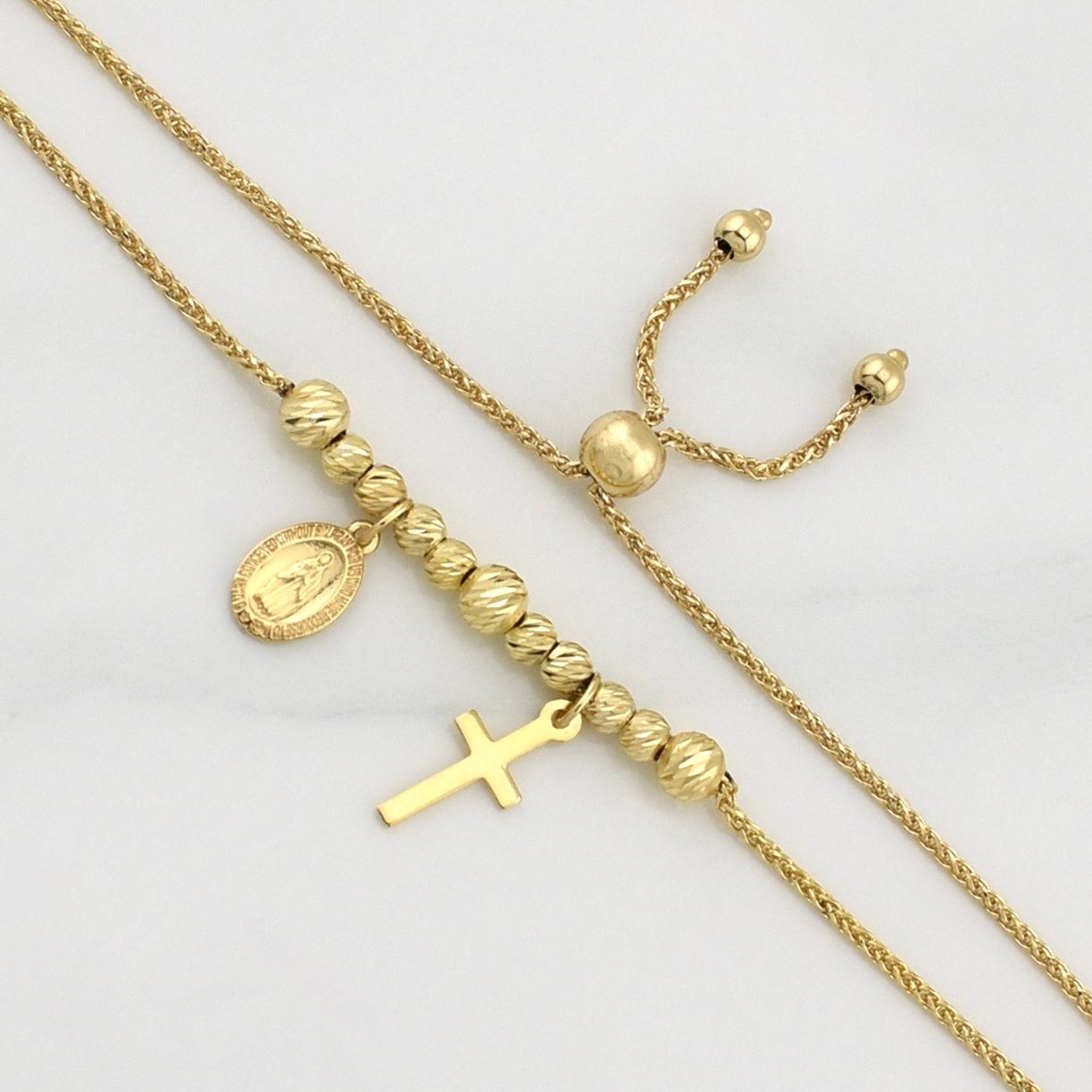 Pulso Franco Gradual Virgen Milagrosa Cruz 3.45gr / 9 3/4 in / 4mm Oro Amarillo +4 18K !