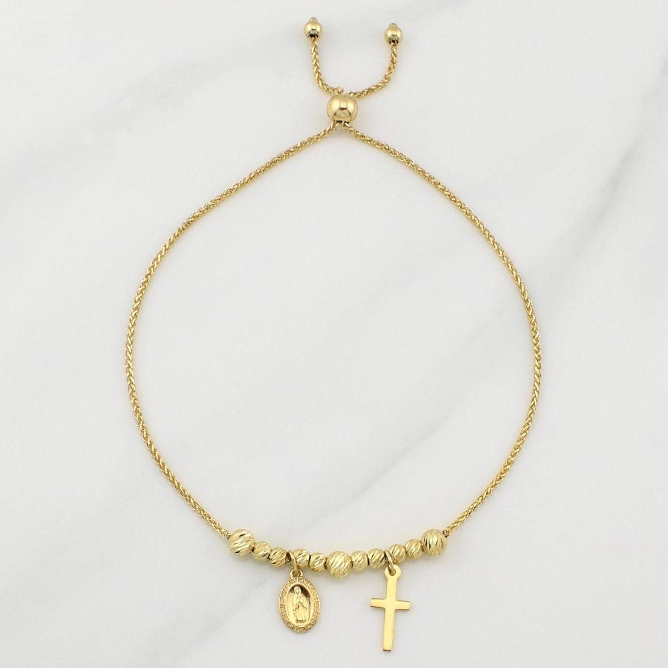 Pulso Franco Gradual Virgen Milagrosa Cruz 3.45gr / 9 3/4 in / 4mm Oro Amarillo +4 18K !