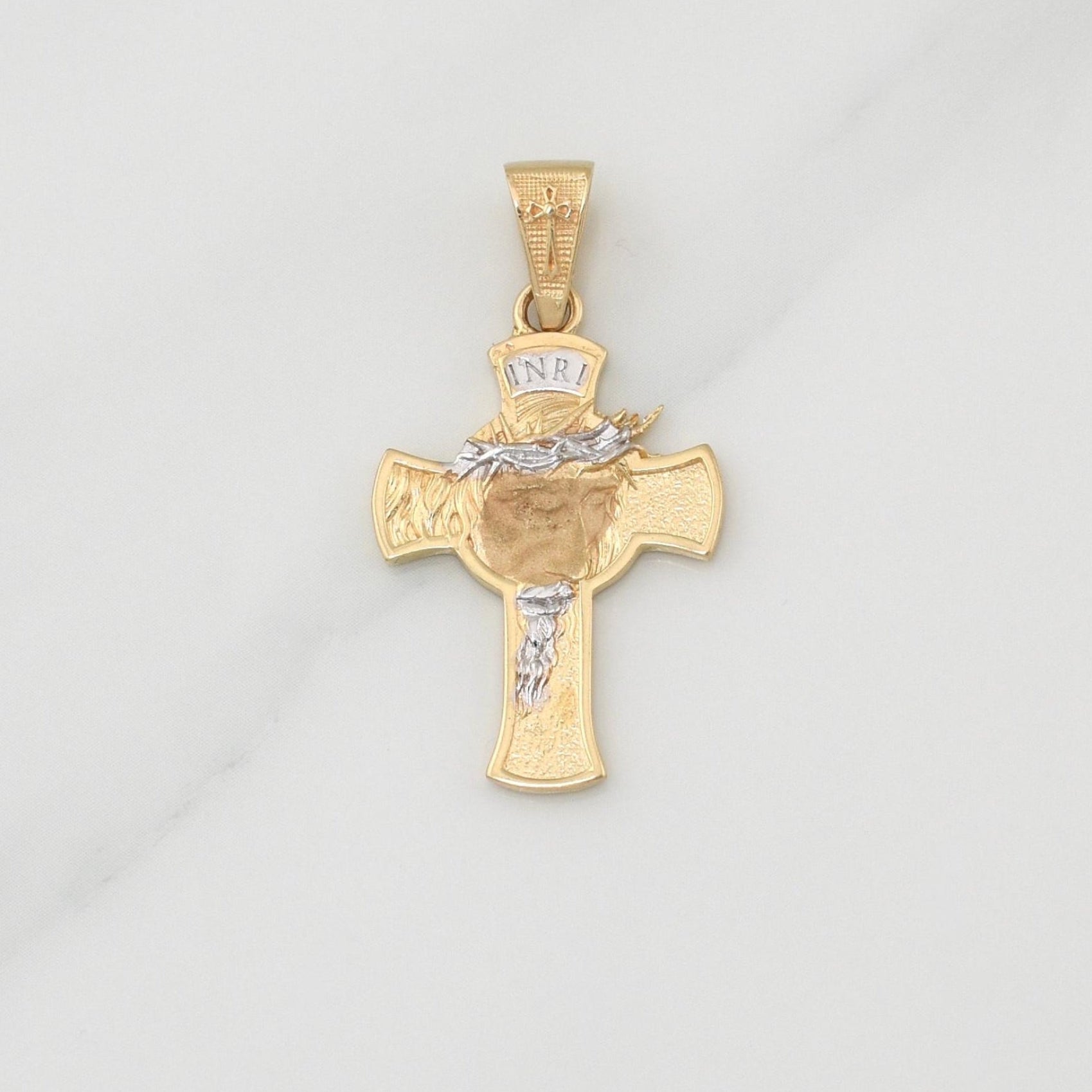 Dije Cruz Rostro Cristo 4.7gr / 1 1/2 in / Dos Oros Amarillo Blanco 18K !