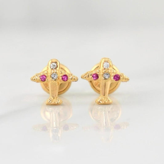 Airplane Stud Earrings 0.8gr / 7.4mm Yellow Gold 18K !