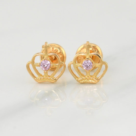 Crown Cross Stud Earrings 1.05gr / 7.7mm Yellow Gold 18K !