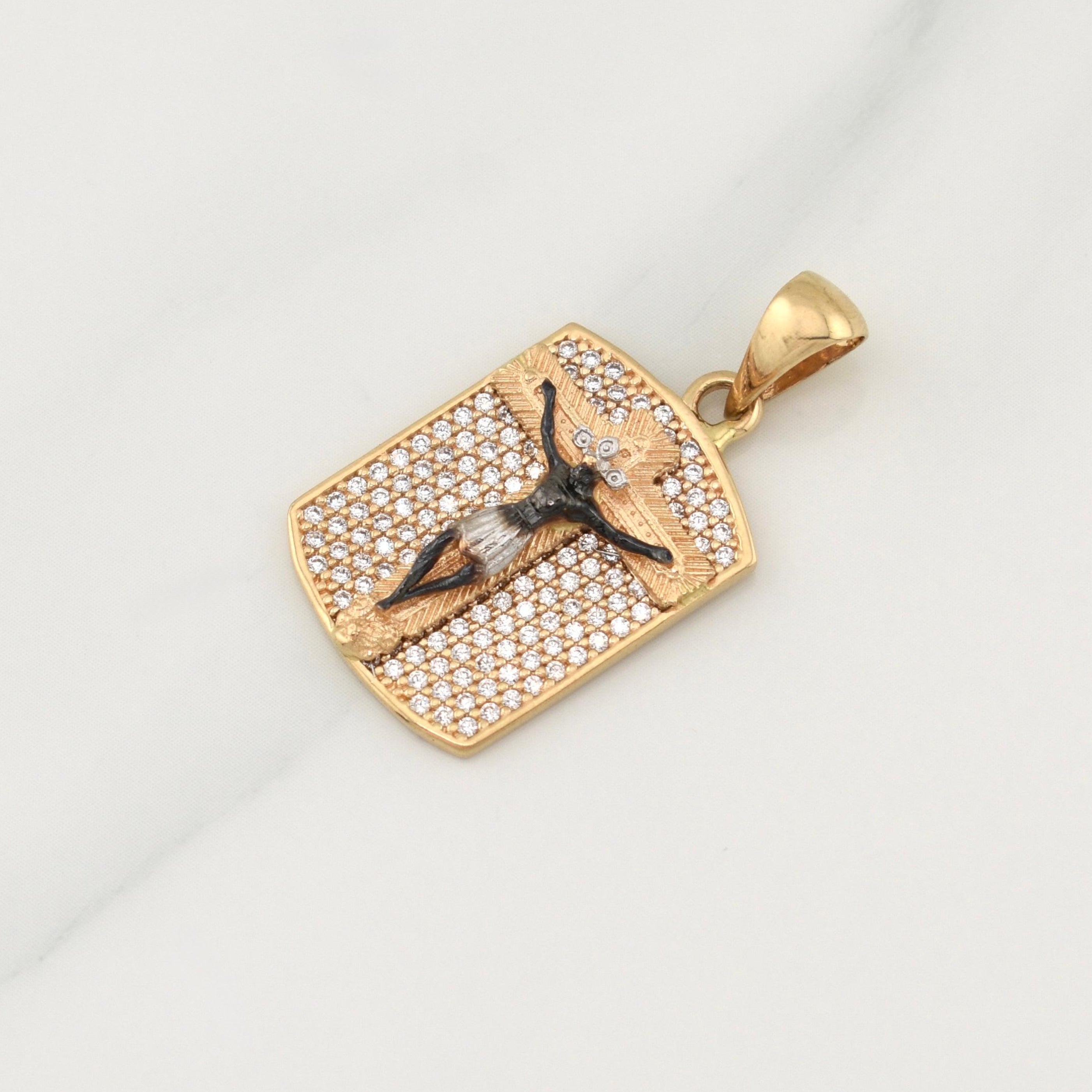 Dije Placa Cristo Señor De Los Milagros 4.65 g / 1 1/4 in Dos Oros Amarillo Blanco 18K