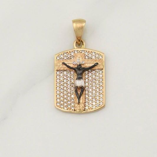 Dije Placa Cristo Señor De Los Milagros 4.55 g / 1 1/4 in Dos Oros Amarillo Blanco 18K