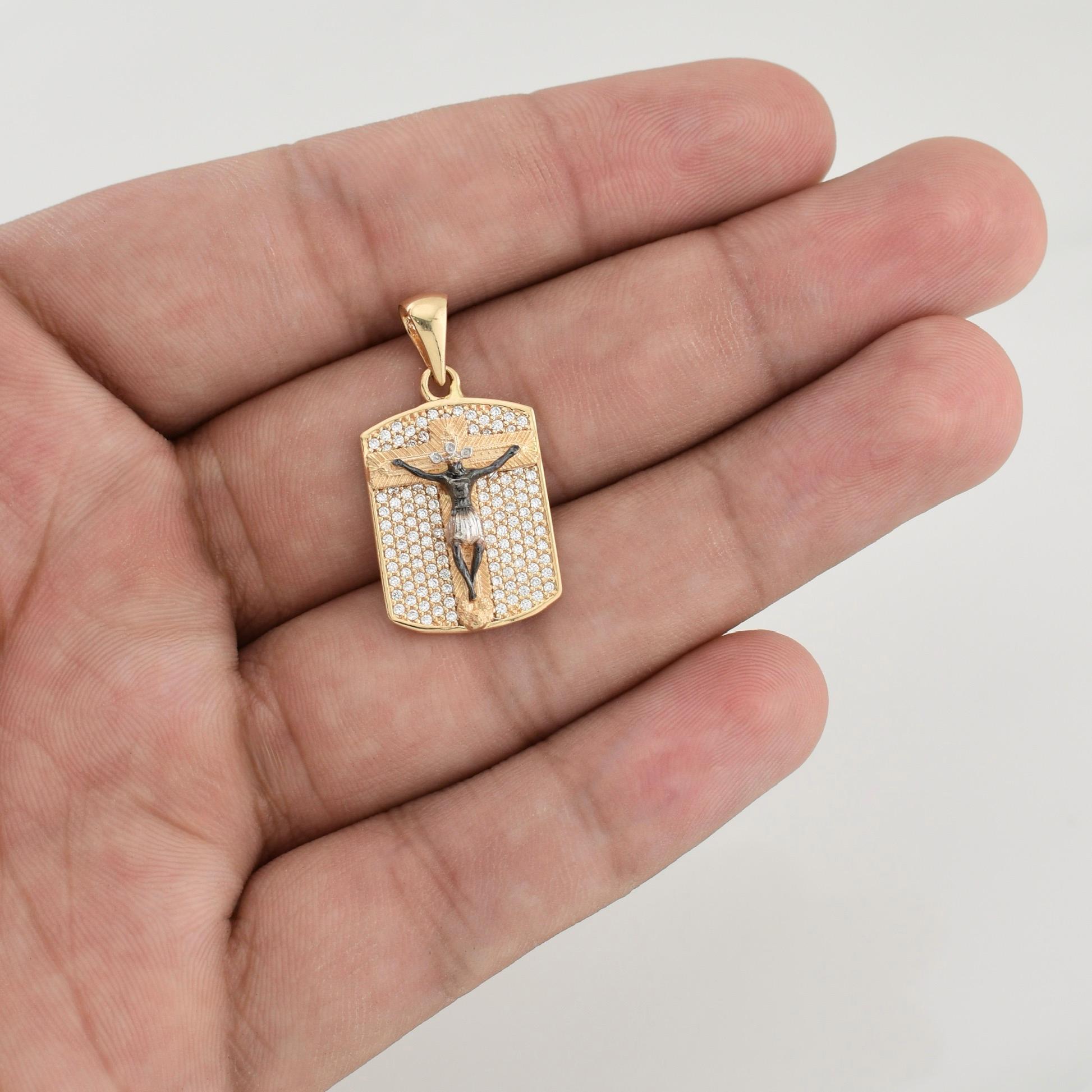 Dije Placa Cristo Señor De Los Milagros 4.65 g / 1 1/4 in Dos Oros Amarillo Blanco 18K
