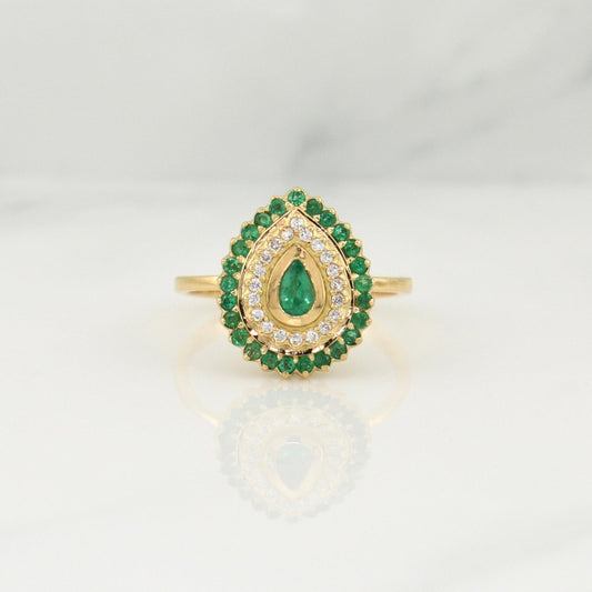 Halo Drop Ring Emeralds 0.4pts Diamonds 0.1pts 4.8g / T6.75 Yellow Gold 18K