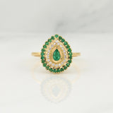 Halo Drop Ring Emeralds 0.4pts Diamonds 0.1pts 4.8g / T6.75 Yellow Gold 18K