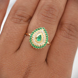 Halo Drop Ring Emeralds 0.4pts Diamonds 0.1pts 4.8g / T6.75 Yellow Gold 18K
