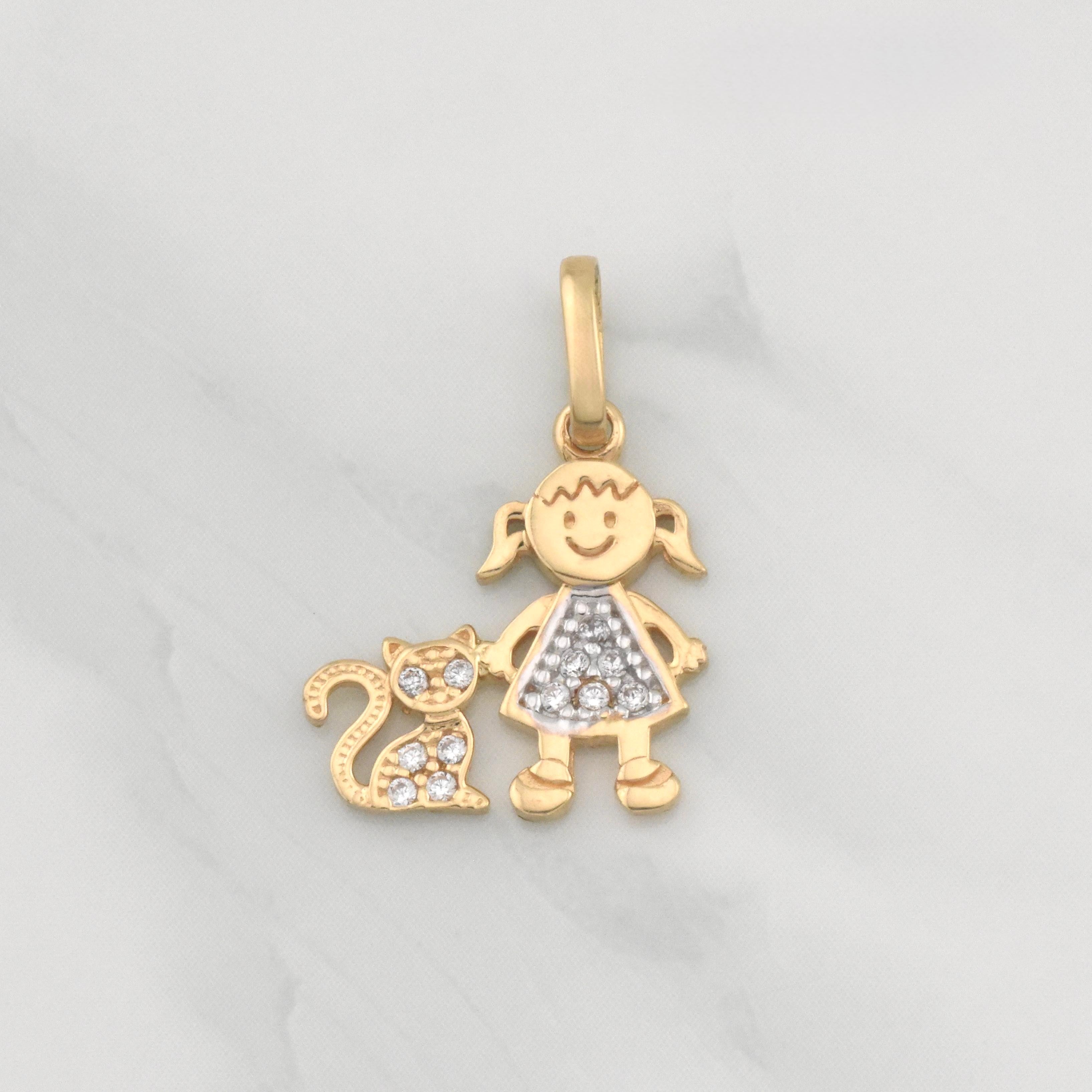 Dije Niña y Gato 1.1g / 3/4 in Oro Amarillo 18K