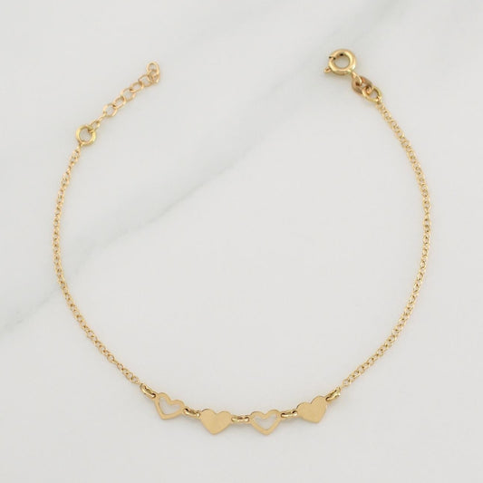 Pulso Aro Seguido Corazones 1.25gr / 7 in / 1.35mm Oro Amarillo +4 18K !