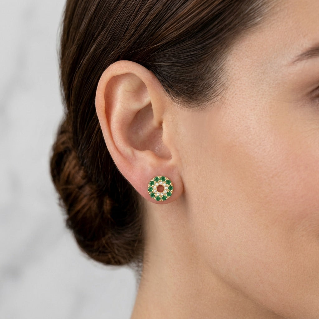 Stud Earrings Circular Emeralds 0.66cts Diamonds 0.16cts 3.25g / in / 10.8mm Yellow Gold 18K