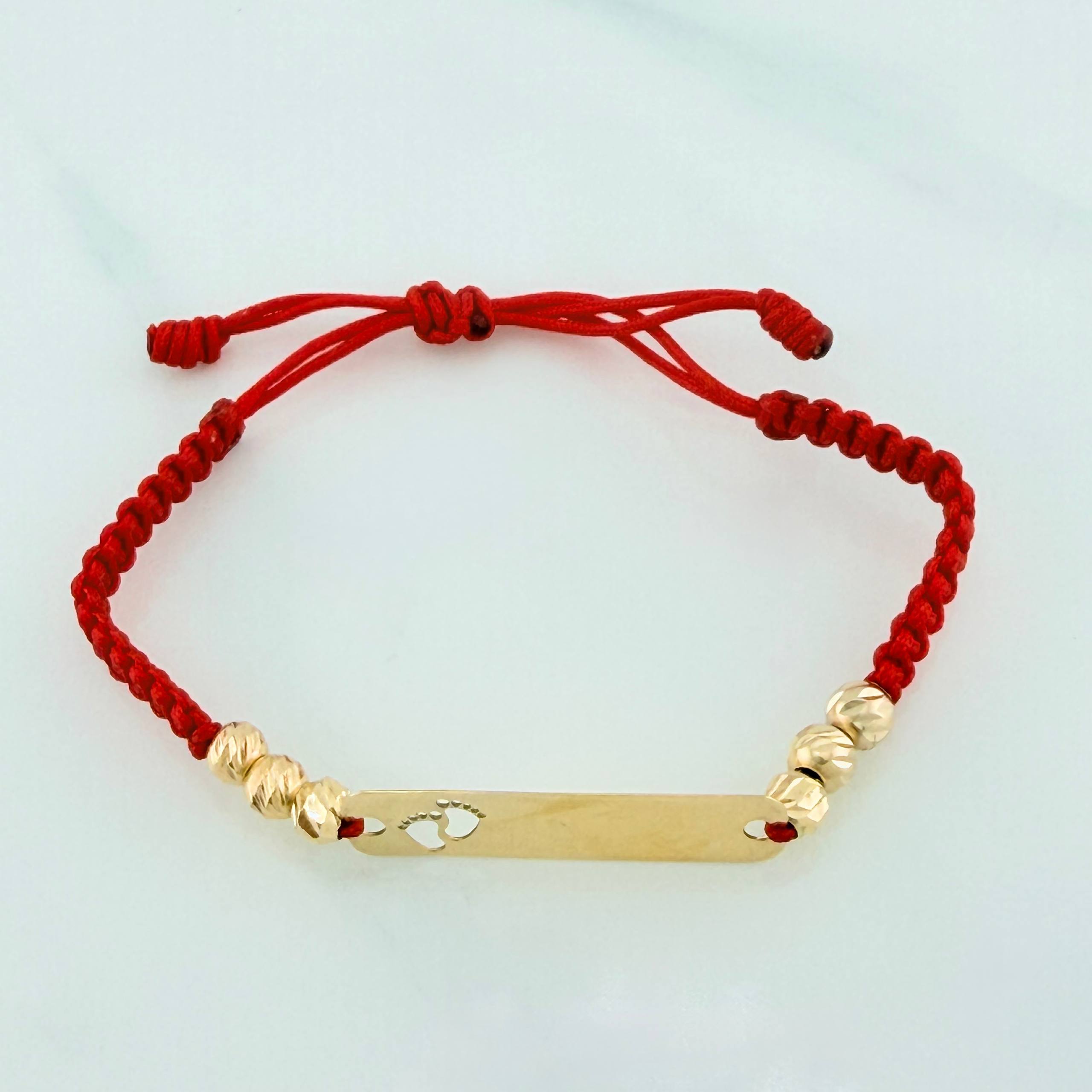Red Woven Bracelet with Paw Print Plate in 18K Yellow Gold