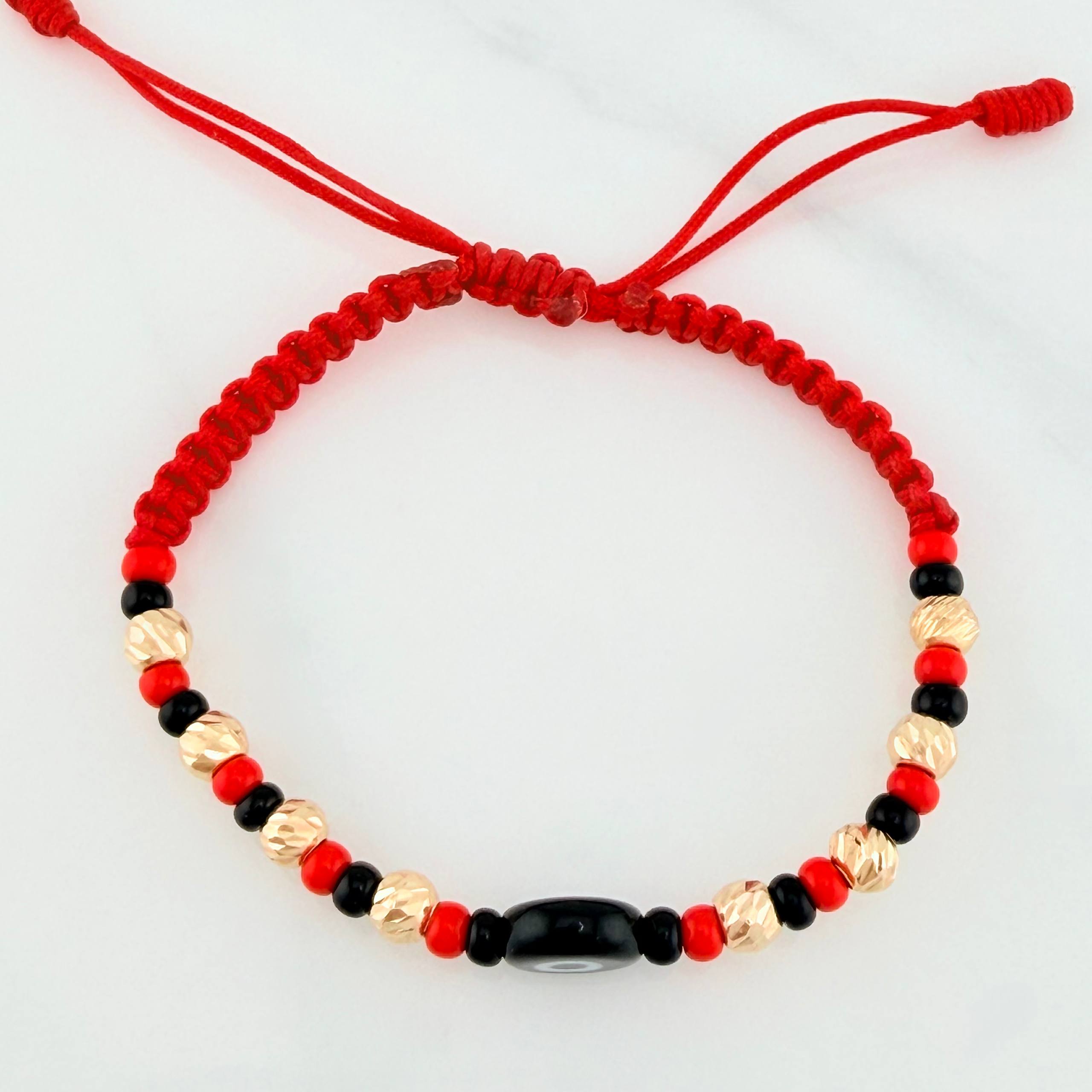 Pulsera Tejida Roja Ojo Turco Oro Amarillo 18K