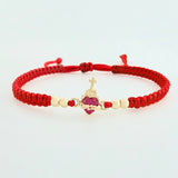 Red Woven Bracelet Sacred Heart Charm Plain Beads Yellow Gold 18K