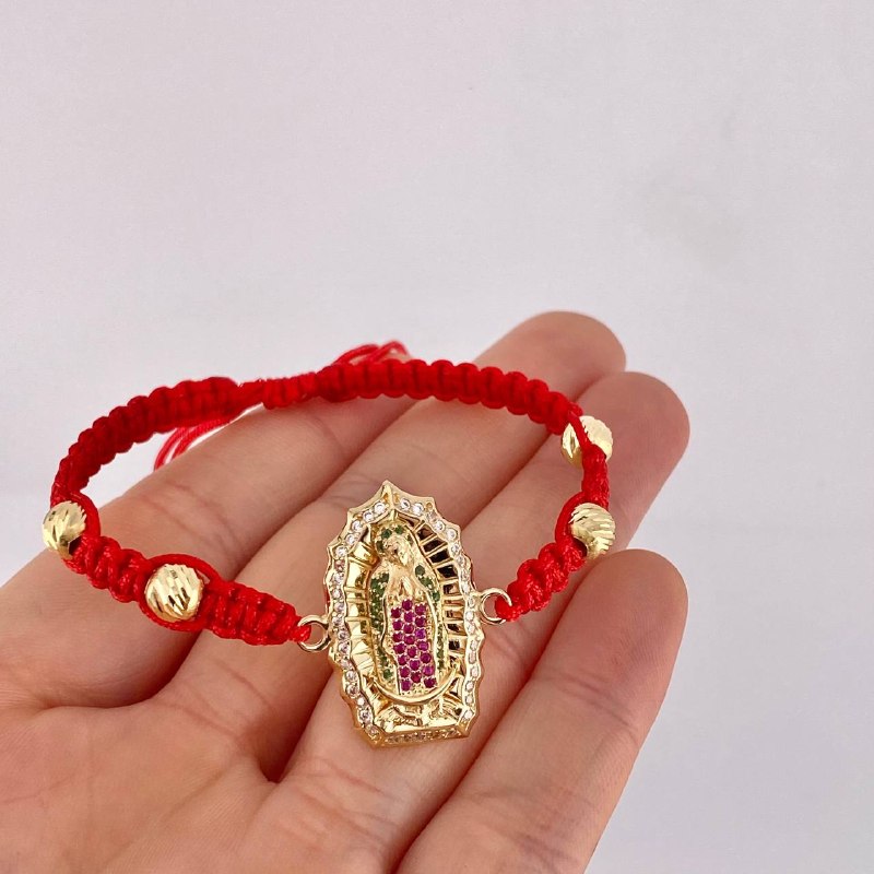 Pulsera Tejida Roja Virgen de Guadalupe Bolas Diamantadas Oro Amarillo 18K