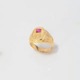 Pre-Columbian Signet Ring 6.4gr / Size 10 / Engraved Fuchsia Zircon Yellow Gold $