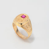 Pre-Columbian Signet Ring 6.4gr / Size 10 / Engraved Fuchsia Zircon Yellow Gold $