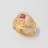 Pre-Columbian Signet Ring 6.4gr / Size 10 / Engraved Fuchsia Zircon Yellow Gold $
