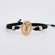 Black Woven Bracelet Virgin of Guadalupe Plain Beads Multi-color Zircons Yellow Gold 18K