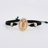 Black Woven Bracelet Virgin of Guadalupe Plain Beads Multi-color Zircons Yellow Gold 18K