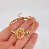 Brown Woven Bracelet Virgin of Guadalupe Plain Beads Multi-color Zircons Yellow Gold 18K