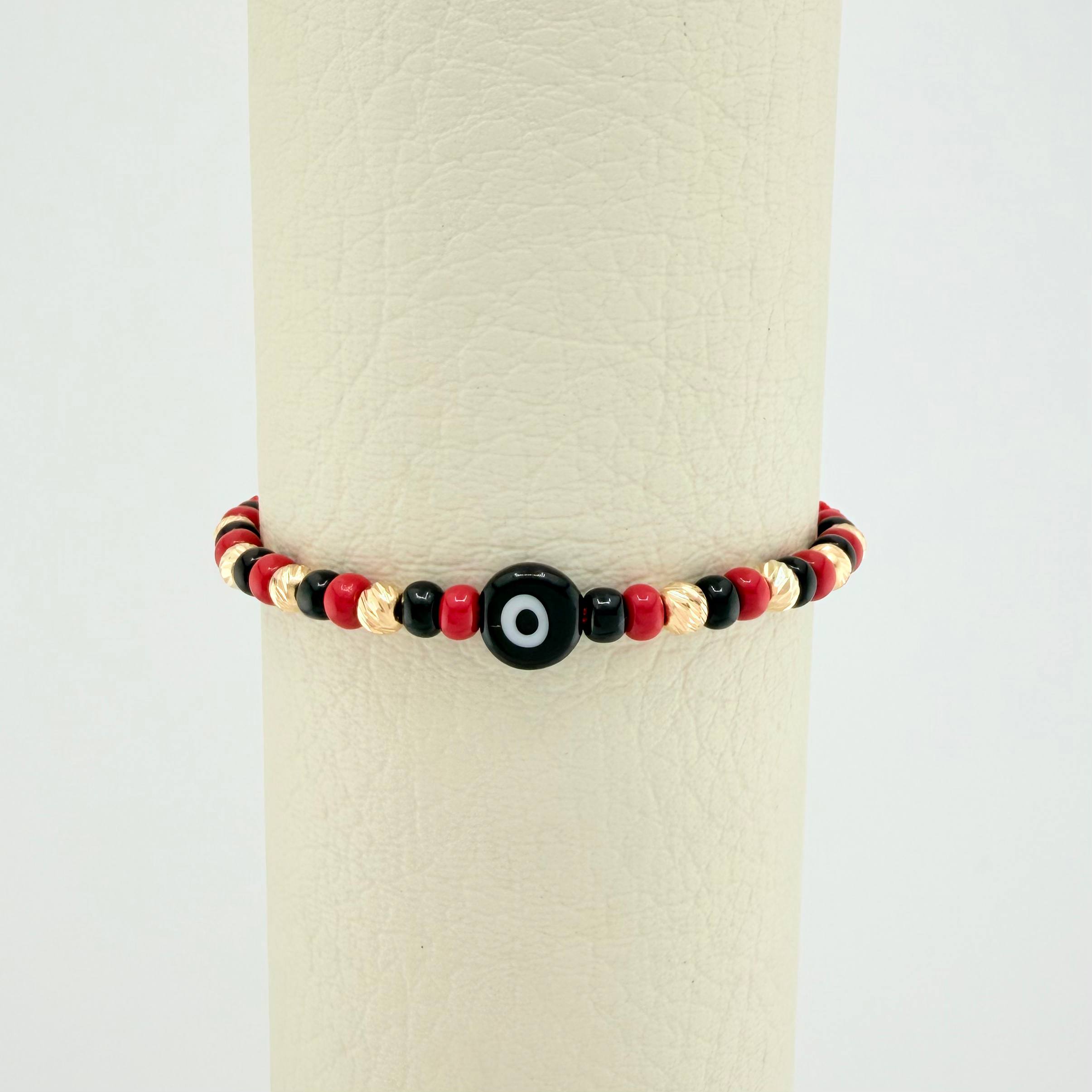 Red Woven Bracelet with Turkish Eye in 18K Yellow Gold