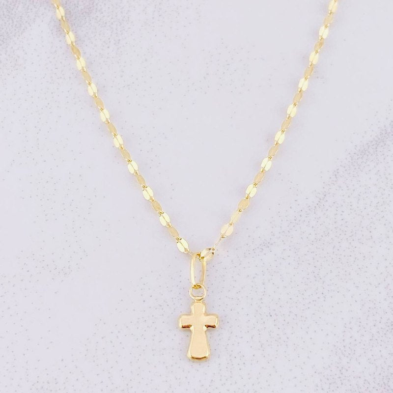 Set Cadena Flor Espejo + Dije Cruz / 1.25g / 18 in Oro Amarillo 18K