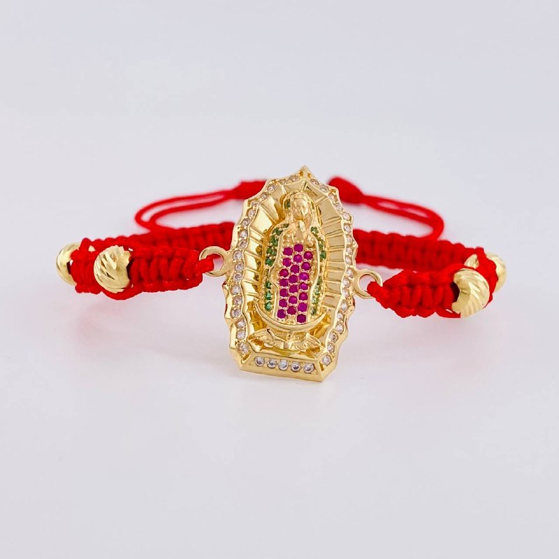 Pulsera Tejida Roja Virgen de Guadalupe Bolas Diamantadas Oro Amarillo 18K