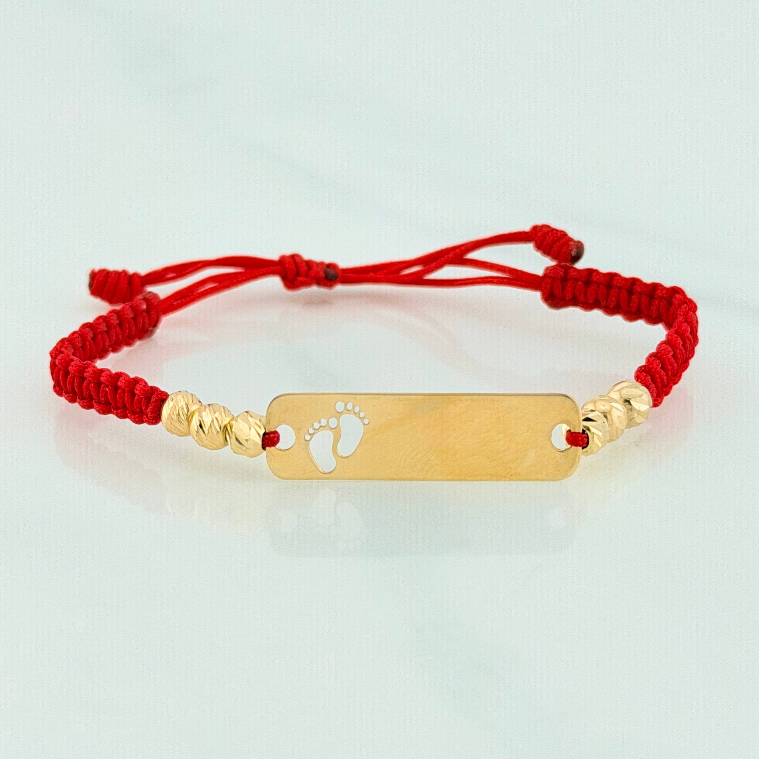 Red Woven Bracelet with Paw Print Plate in 18K Yellow Gold