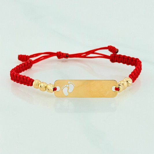Pulsera Tejida Roja Placa Huellitas Oro Amarillo 18K