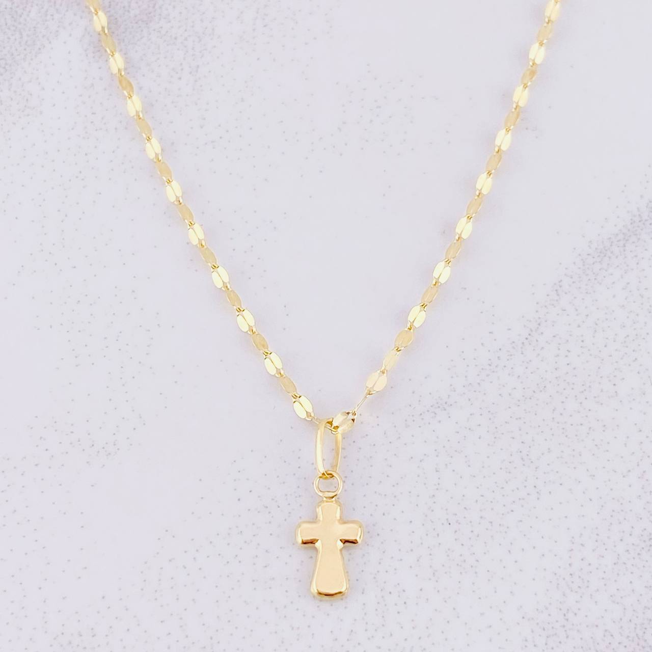 Set Cadena Flor Espejo + Dije Cruz / 1.25g / 18 in Oro Amarillo 18K