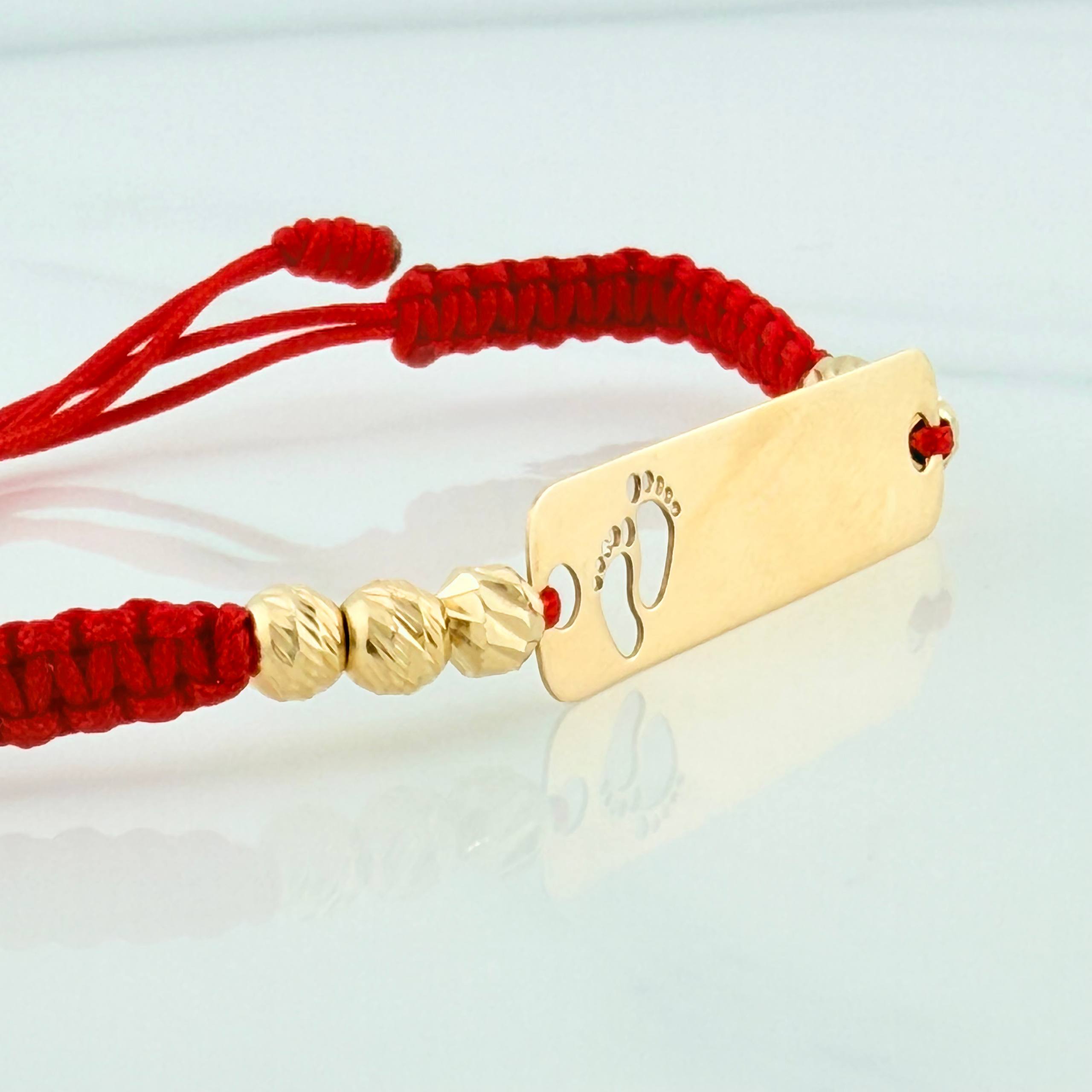 Red Woven Bracelet with Paw Print Plate in 18K Yellow Gold