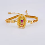 Brown Woven Bracelet Virgin of Guadalupe Plain Beads Multi-color Zircons Yellow Gold 18K