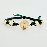Green and Black Woven Bracelet Charm of Archangel Michael Diamond Cut Beads Two Yellow and White Gold 18K