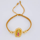 Brown Woven Bracelet Virgin of Guadalupe Plain Beads Multi-color Zircons Yellow Gold 18K