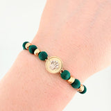 Green Woven Bracelet Yellow White Gold 18K Plain Beads Crown Circle