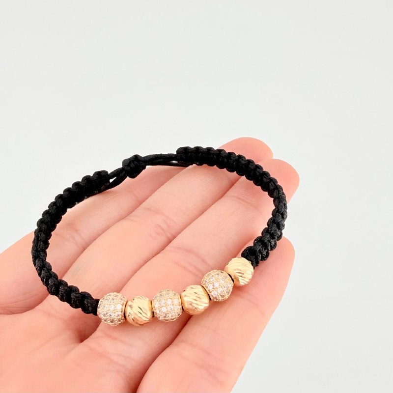 Black Woven Bracelet Fire Beads Diamond Cut Beads Yellow Gold 18K