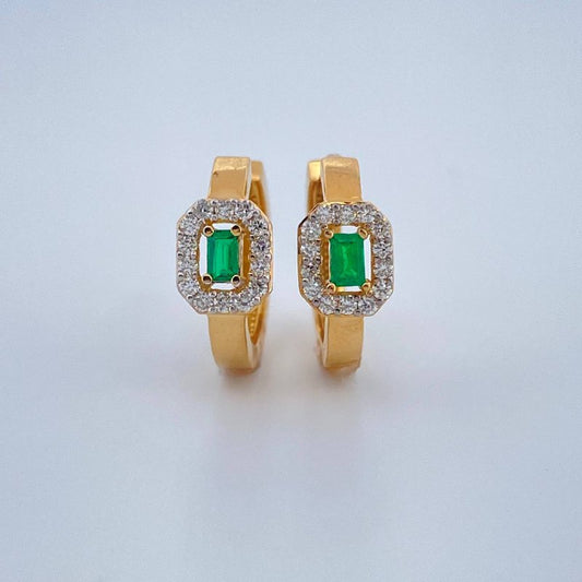 Hoop Earrings Halo Square Emerald 2.95gr / 1/2 in / Two Tone Yellow White 18K +