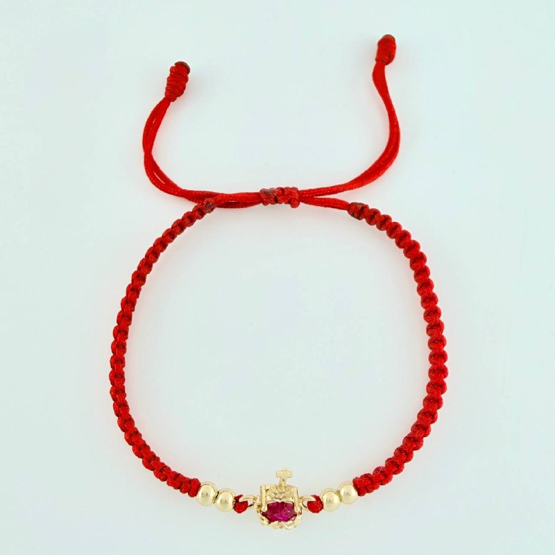 Red Woven Bracelet Sacred Heart Charm Plain Beads Yellow Gold 18K