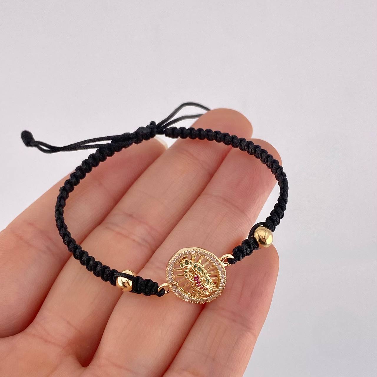 Black Woven Bracelet Virgin of Guadalupe Plain Beads Multi-color Zircons Yellow Gold 18K