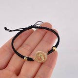 Black Woven Bracelet Virgin of Guadalupe Plain Beads Multi-color Zircons Yellow Gold 18K
