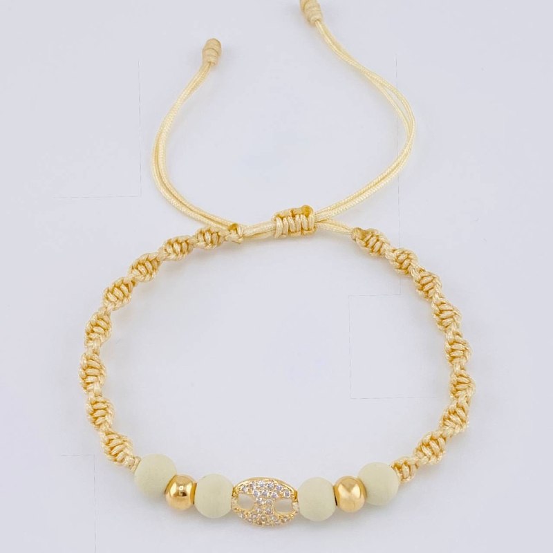 Pulsera Tejida Beige Herraje GC Bolas Lisas Oro Amarillo 18K