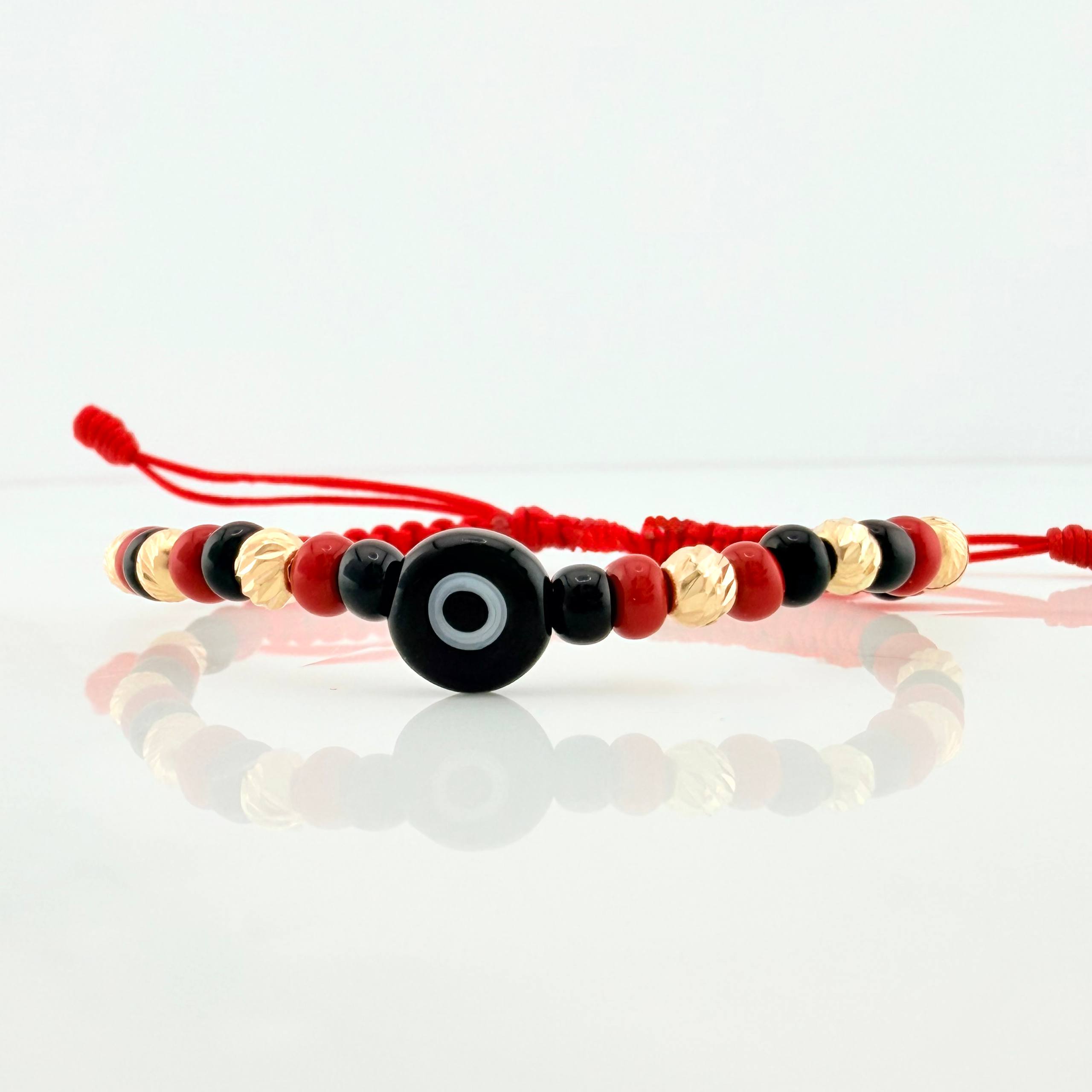 Pulsera Tejida Roja Ojo Turco Oro Amarillo 18K