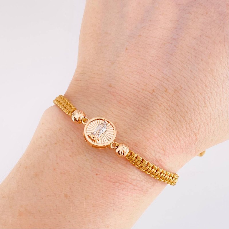 Woven Brown Bracelet Circle of the Virgin of Guadalupe Diamond Cut Beads Two Golds White Rose 18K