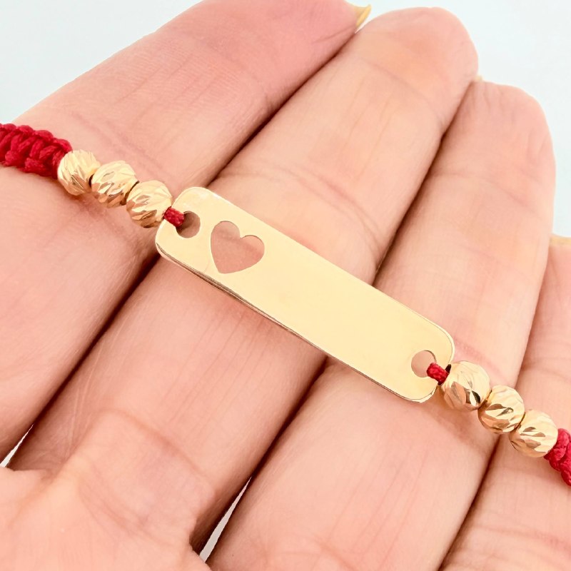 Pulsera Tejida Roja Placa Corazon Oro Amarillo 18K