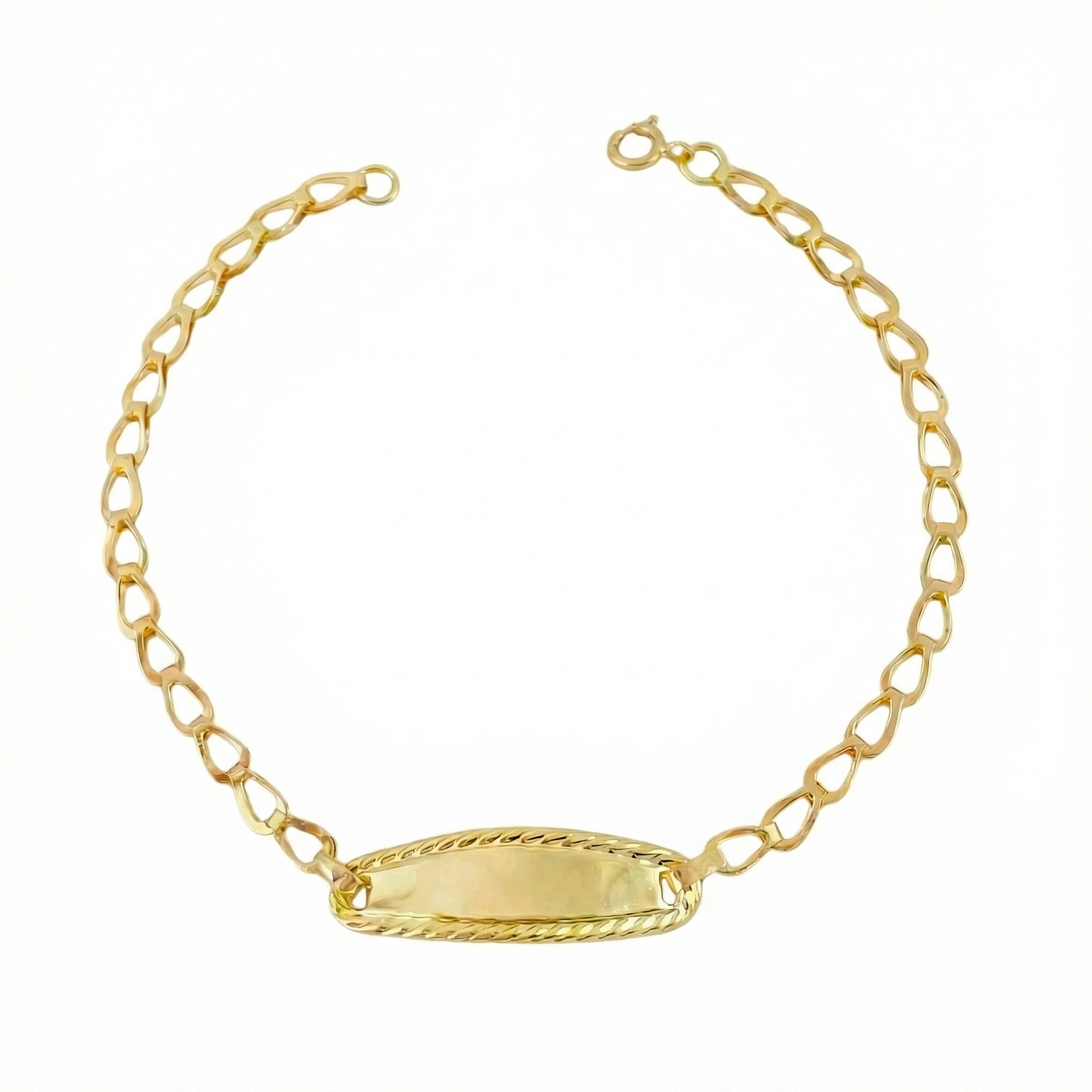 Pulso Bebé Espiga Placa Ovalada Bordeada 1.2gr / 5 3/4 in / 2.7mm Oro Amarillo 18K
