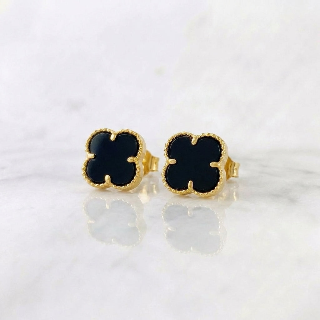 Stud Earrings Clover Black Onyx 2.35 g / in / 8.4 mm Yellow Gold 18K