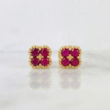 Stud Earrings Flower Clover Rubies 40pts 1.55gr / 6mm 18K Yellow Gold ©