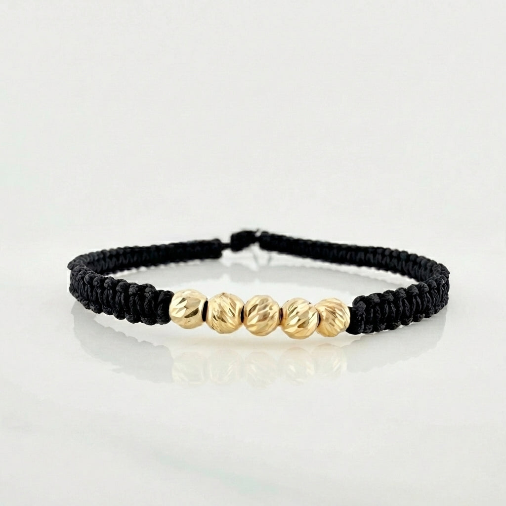 Pulsera Tejida Negra Bolas Diamantadas 4mm Oro Amarillo 18K