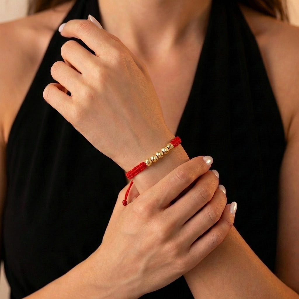 Red Woven Bracelet Diamond Cut Beads 4mm Yellow Gold 18K